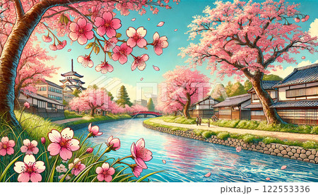 桜が咲く川と城下町 122553336
