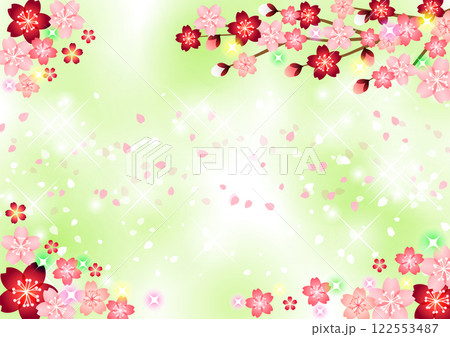 四隅の桜背景、花びら、春、かわいい、イラスト、緑 122553487