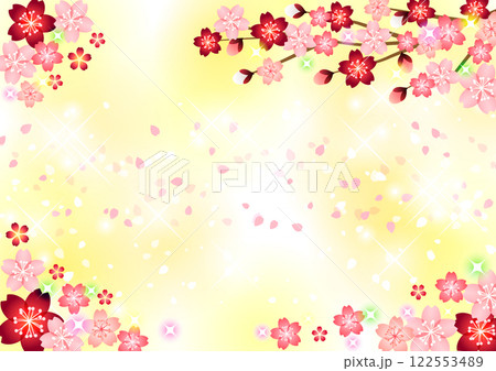 四隅の桜背景、花びら、春、かわいい、イラスト、黄色 122553489