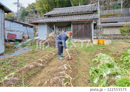 畑作業をする女性 田舎暮らし 家庭菜園 畑作業をする女性 田舎暮らし 家庭菜園 122553575