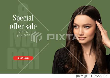 8 March, international women's day, elegant woman on a green background, with text 122553997