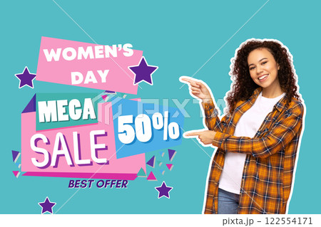8 March, international women's day, happy woman in a plaid shirt on a turquoise background, with text 122554171