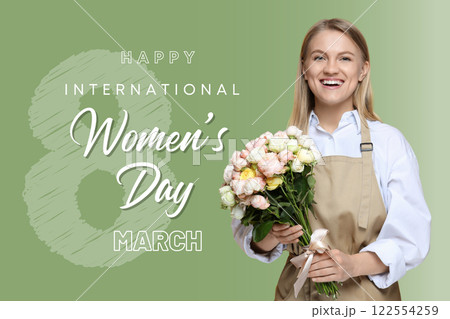 8 March, international women's day, happy woman with a bouquet in her hands on a green background, with text 8 March, international women's day, happy woman with a bouquet in her hands on a green background, with text 122554259