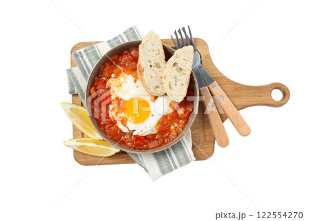 PNG, Shakshuka in a bowl on a wooden board, isolated on white background PNG, Shakshuka in a bowl on a wooden board, isolated on white background 122554270