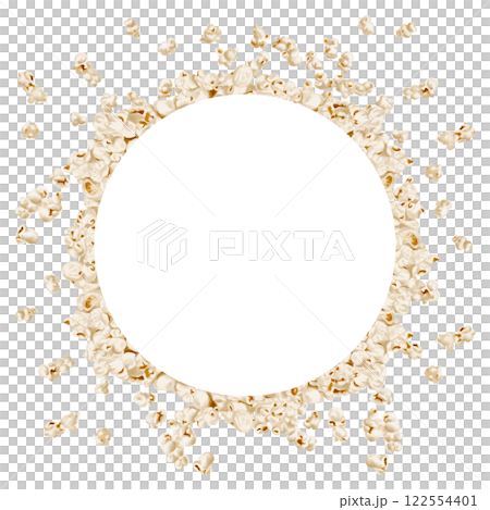 round frame of flying popcorn. The crispy snack flies in different directions. Watercolor illustration without background. For menus, advertising, postcards and food packaging. homemade corn.  122554401