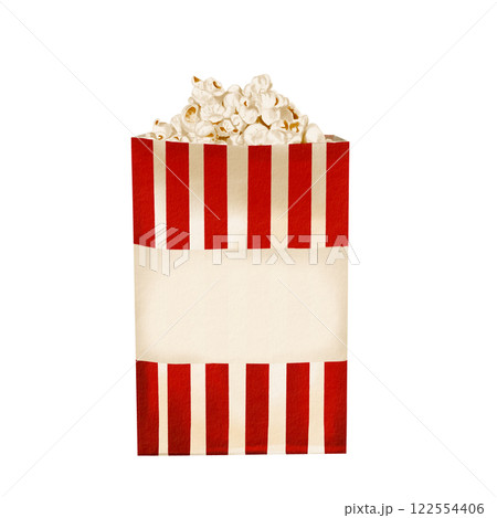A bag of popcorn. Paper container with snack. Classic retro style for popcorn and cinema. Gold stripes. crispy salty snack. watercolor illustration isolated from background. Place for the inscription. 122554406