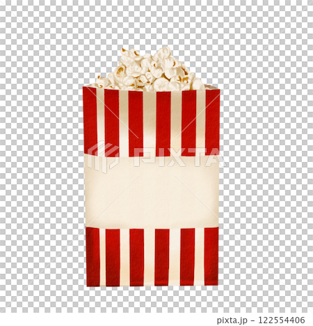 A bag of popcorn. Paper container with snack. Classic retro style for popcorn and cinema. Gold stripes. crispy salty snack. watercolor illustration isolated from background. Place for the inscription. 122554406