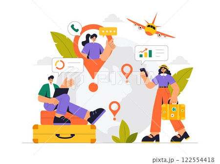 Digital Nomad Lifestyle Vector Illustration Featuring People Working Remotely While Traveling and Enjoying a Holiday in a Flat Style Background 122554418