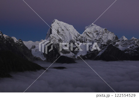 High mountains Cholatse and Taboche in the blue hour, view from Gokyo Ri, Nepal. 122554529