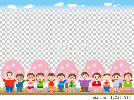 背景素材＜春の子供達のフレーム・楽しい・喜ぶ・小学生・花・横位置＞ 122554530