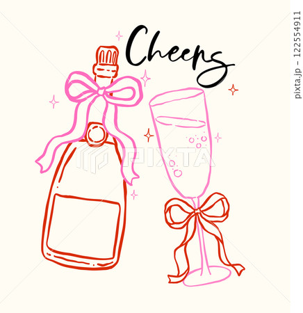 Whimsical Hand Drawn Champagne Bottle and Flute Glass with Bow Retro Style 122554911
