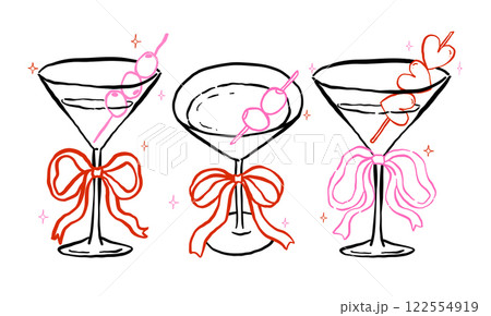 Whimsical Martini Glasses with Bow and olive Outline Hand Drawn Groovy Retro Playful Style set 122554919