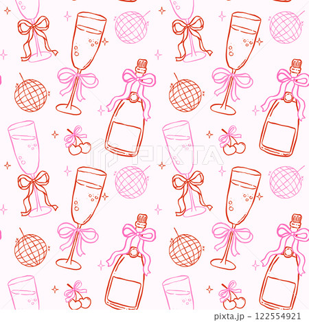 Whimsical Seamless Pattern Champagne Glasses with Bow Hand Drawn Retro Isolated on Background Whimsical Seamless Pattern Champagne Glasses with Bow Hand Drawn Retro Isolated on Background 122554921