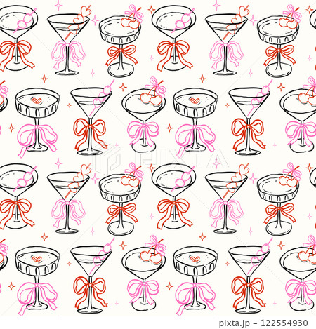 Whimsical Seamless Valentine Cocktail drink Glass with Bow Hand Drawn Retro Isolated on Background 122554930