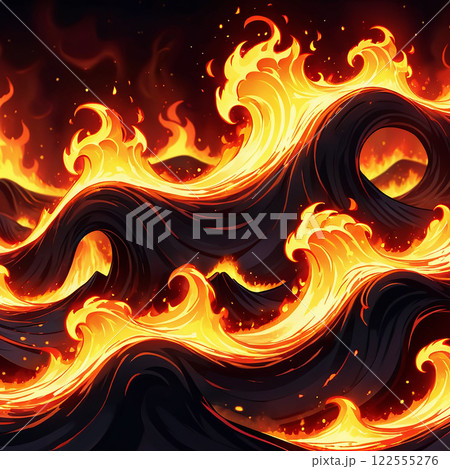 A digital illustration of an intense fiery explosion with flaming wings and sparks against a dark background. The explosion appears to be emanating from a glowing center, with flames swirling 122555276