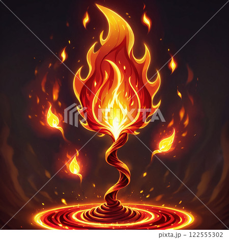 A digital illustration of an intense fiery explosion with flaming wings and sparks against a dark background. The explosion appears to be emanating from a glowing center, with flames swirling 122555302
