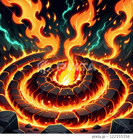 A digital illustration of an intense fiery explosion with flaming wings and sparks against a dark background. The explosion appears to be emanating from a glowing center, with flames swirling 122555356