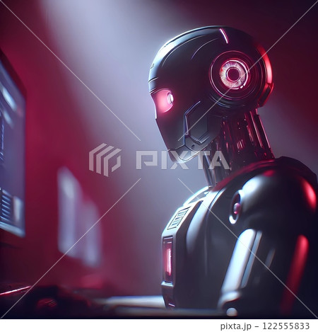 Futuristic Robot Analyzing Data in a Neon-Lit Control Room 122555833