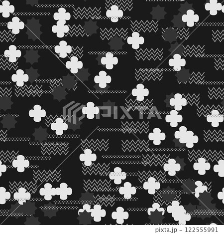 A contemporary modern abstract pattern featuring elegant white floral shapes set on a richly textured black background A contemporary modern abstract pattern featuring elegant white floral shapes set on a richly textured black background 122555991