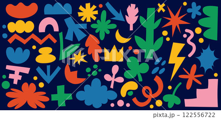 Abstract shapes. Organic vector graphic with funky stickers of stars flower and clouds. Doodle blobs and cute hand drawn playful trendy art. 90s design set with aesthetic elements and figures. Abstract shapes. Organic vector graphic with funky stickers of stars flower and clouds. Doodle blobs and cute hand drawn playful trendy art. 90s design set with aesthetic elements and figures. 122556722