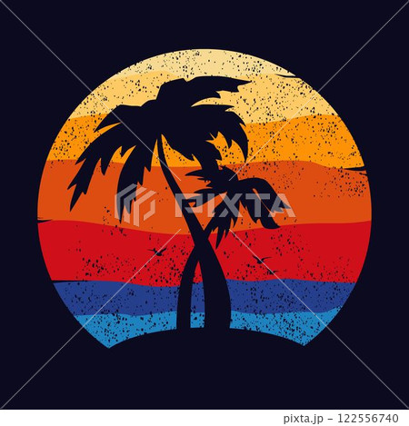 Retro sunset beach. 80s style grunge striped sunsets.Tourism or travel concept, adventure logo. Vector illustration. 122556740
