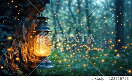 Forest Lamp Illuminates a Serene Woodland Filled With Drifting Fireflies During Twilight Hours 122556798