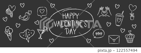 Romantic chalkboard crayon-like doodles hearts, love symbols, hand gestures, hand-drawn art for Valentines Day decor, card, invitations 122557494
