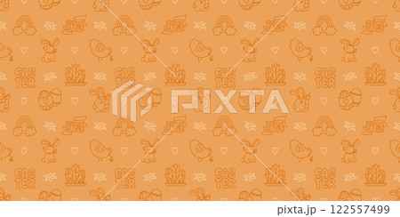 Easter hand-drawn doodle seamless pattern. Cute monochrome spring symbols chickens, rabbits, eggs and flowers 122557499