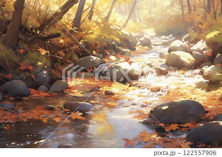 秋の紅葉に染まる小川　AI画像 122557906