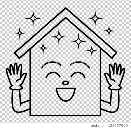輝きながら手を上げて笑う、家のキャラクターの線画 122557990