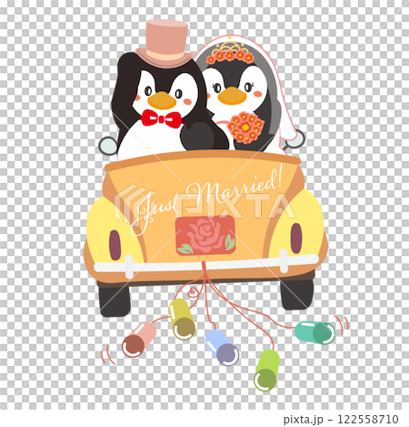 ブライダルカーに乗っているペンギンのカップルのウェディングイラスト 122558710