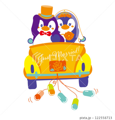 カラフルな色のブライダルカーに乗るペンギンのカップルのウェディングイラスト 122558713