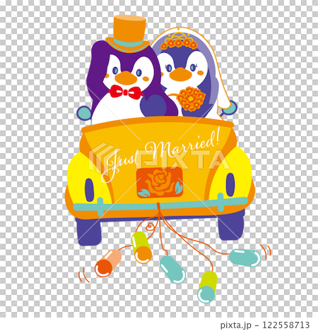 カラフルな色のブライダルカーに乗るペンギンのカップルのウェディングイラスト 122558713