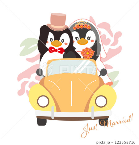 ブライダルカーに乗るペンギンのカップルのウェディングイラスト ブライダルカーに乗るペンギンのカップルのウェディングイラスト 122558716