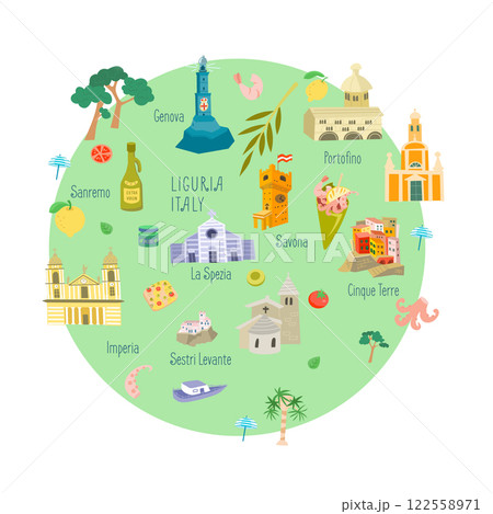 Set of historical buildings of Liguria, Italy. Sights and architecture of towns. Isolated illustration on white background. Set of historical buildings of Liguria, Italy. Sights and architecture of towns. Isolated illustration on white background. 122558971