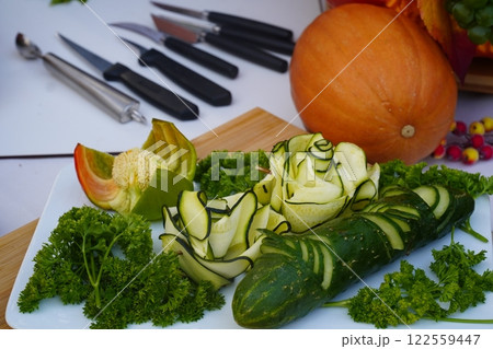 Dessert table on wedding with tasty cakes, cookies and sweets in pastel colors. Professional catering and servings. Festive atmosphere. Dessert table on wedding with tasty cakes, cookies and sweets in pastel colors. Professional catering and servings. Festive atmosphere. 122559447