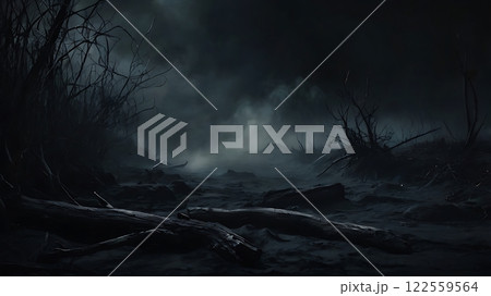 Dark and Eerie Landscape with Fog 122559564