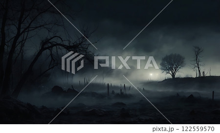Dark and Eerie Landscape with Fog 122559570
