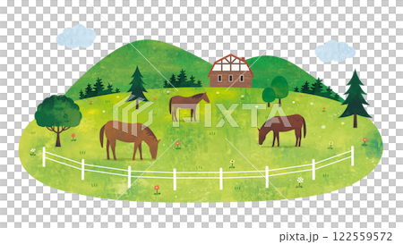 An illustration of a grassy pasture, mountains and horses An illustration of a grassy pasture, mountains and horses 122559572