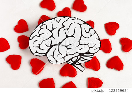 The human brain against the background of many red hearts. Health, love and medicine. The human brain against the background of many red hearts. Health, love and medicine. 122559624