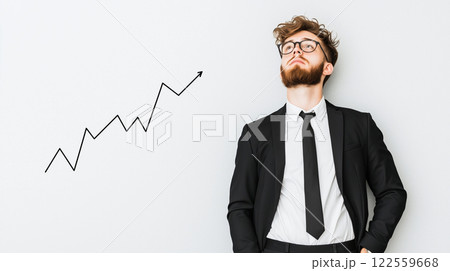 young man in suit stands confidently against wall, gazing upward with thoughtful expression. upward trend line beside him symbolizes growth and success, reflecting ambition and professionalism young man in suit stands confidently against wall, gazing upward with thoughtful expression. upward trend line beside him symbolizes growth and success, reflecting ambition and professionalism 122559668