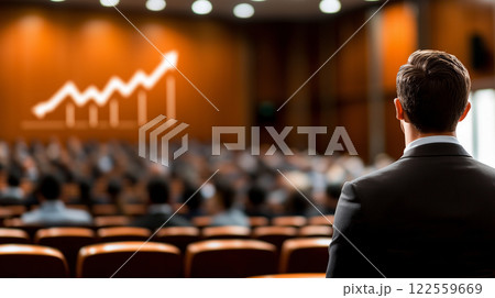 young man in suit stands confidently in front of audience, presenting insights on growth and success. backdrop features graph indicating upward trends, symbolizing progress and achievement 122559669