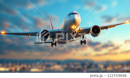 large commercial airplane is taking off against beautiful sunset sky, showcasing its powerful engines and sleek design. scene captures excitement of air travel and beauty of aviation 122559686