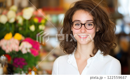 young woman with curly hair and glasses smiles warmly in vibrant floral setting, exuding happiness and confidence young woman with curly hair and glasses smiles warmly in vibrant floral setting, exuding happiness and confidence 122559687