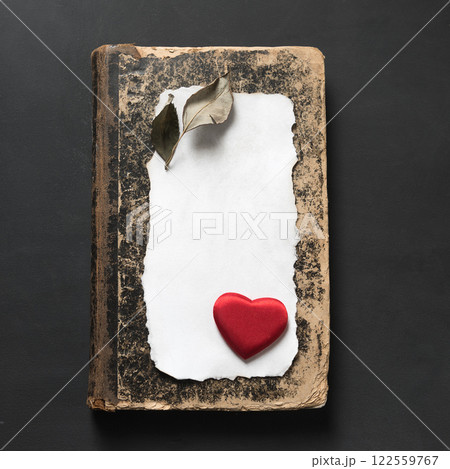 Valentine's Day - Vintage Notebook and Blank Greeting Card on Black Background Valentine's Day - Vintage Notebook and Blank Greeting Card on Black Background 122559767
