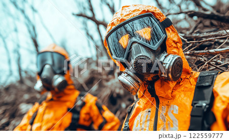 image features individuals in protective gear, showcasing dark and eerie environment. Their orange suits and gas masks suggest hazardous setting, evoking sense of urgency and danger 122559777