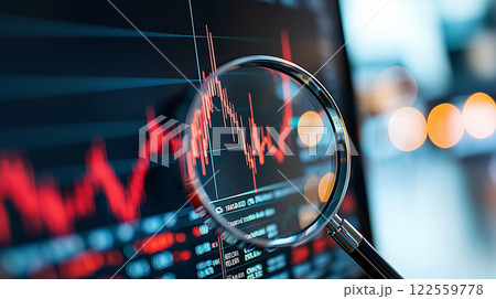 magnifying glass hovers over financial data and graphs, highlighting trends and fluctuations in stock prices. This image captures essence of analysis and investment strategies 122559778