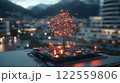 stunning digital representation of glowing tree emerging from circuit board, symbolizing fusion of nature and technology. vibrant lights create captivating atmosphere, showcasing innovation and 122559806
