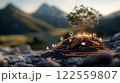 small tree grows on mound, surrounded by glowing digital icons representing technology and connectivity, symbolizing growth and innovation in nature 122559807
