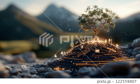 small tree grows on mound, surrounded by glowing digital icons representing technology and connectivity, symbolizing growth and innovation in nature 122559807